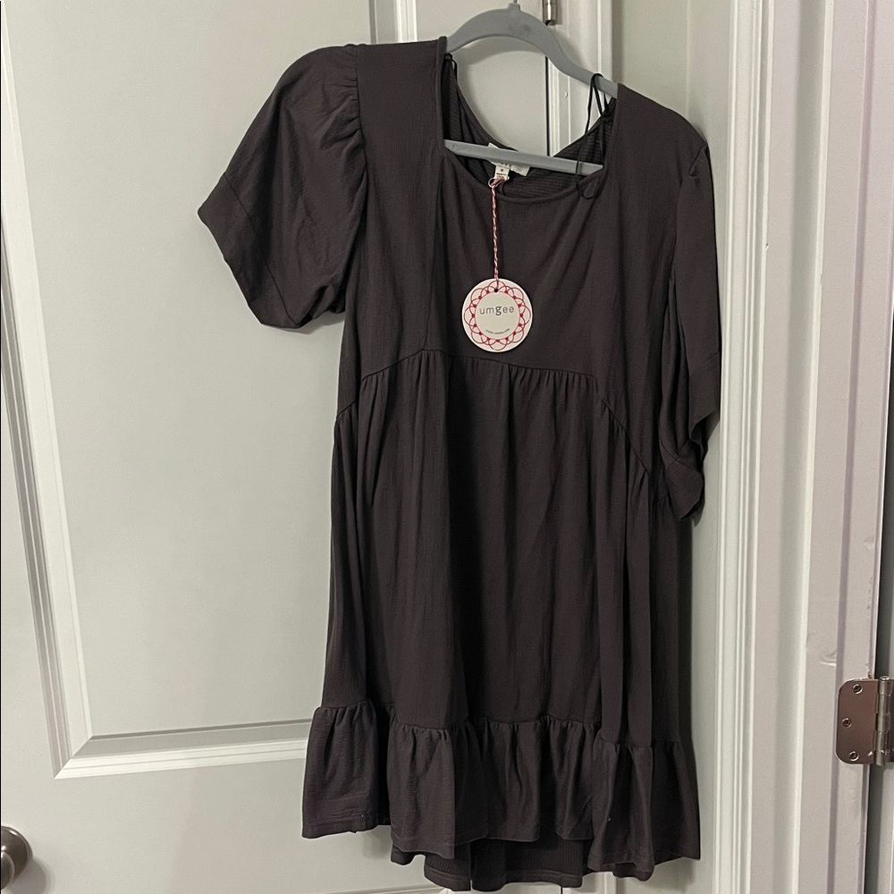 NWT! Umgee size medium mini dress with ruffle sleeve and bottom charcoal color